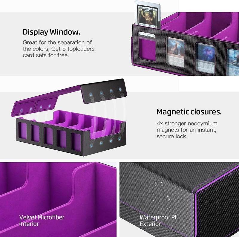 MORCCO Trading Card Storage Box 5-Row 3900+ Capacity,TCG MTG Card Case with Magnetic Lid & Commander Display,Top Loader Storage for Sports Cards,Includes Dividers Dice Box（Black Purple） - Image 5